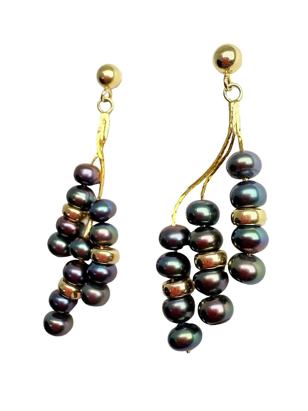 Gold & Black Pearl Cluster Drop Earrings - Elegant Women's Jewelry - Picture 9 of 16
